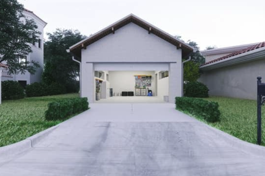 House with garage door open and driveway leading out to the road