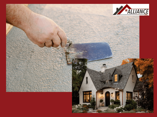 Professional stucco restoration on a historic Minnesota Tudor-style home using a hand trowel to match original textures and repair freeze-thaw damage.